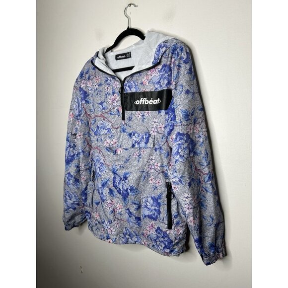 Offbeat Half-Zip Pixelated Floral Windbreaker Rain Jacket Kangaroo Pocket Small - Picture 2 of 9